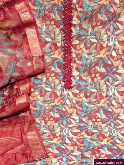 Actor Fancy 2027 (detail) — red unstitched suit set with fancy embroidery by Kanya Creation, Ahmedabad