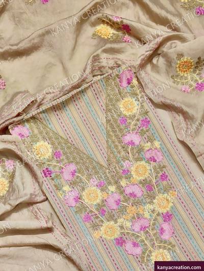 Radhika Fancy 2027 (detail) — cream unstitched suit set with fancy embroidery by Kanya Creation, Ahmedabad