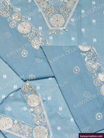 Ruchi Fancy 2027 (detail) — slate unstitched suit set with fancy embroidery by Kanya Creation, Ahmedabad