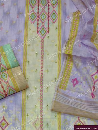 Alpha 2027 (detail) — yellow unstitched suit set by Kanya Creation, Ahmedabad