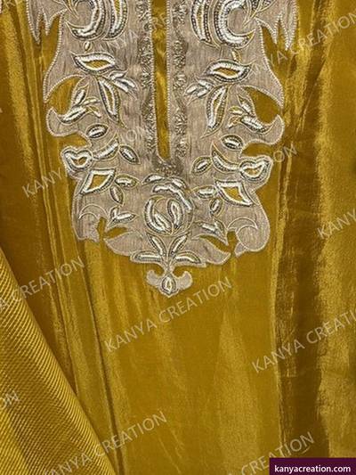 Garima Fancy 2027 (detail) — mustard unstitched suit set with fancy embroidery by Kanya Creation, Ahmedabad