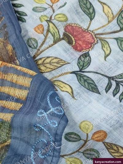 Power Katha Fancy 2027 (detail) — blue unstitched suit set with katha handwork by Kanya Creation, Ahmedabad